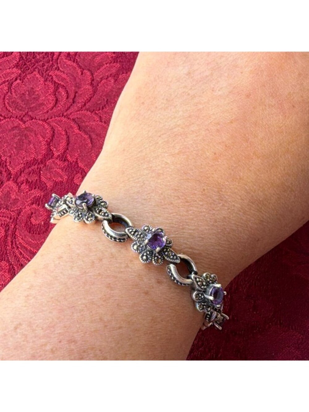 Vintage Sterling Silver Amethyst Marcasite Flower Link Bracelet Purple Floral